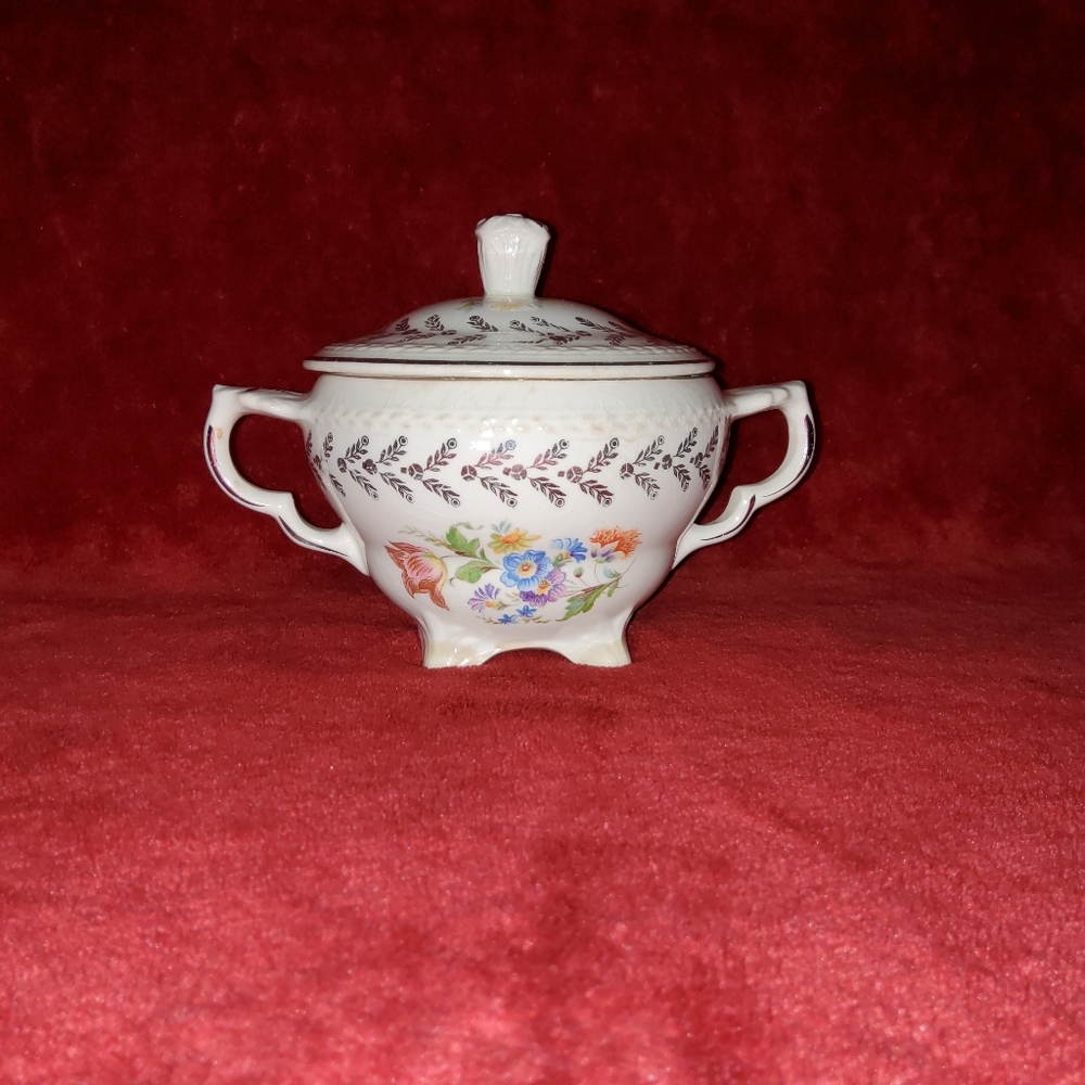 Vintage Crown Potteries Footed Porcelain Sugar / Creamer Bowl W/ Lid Made In USA